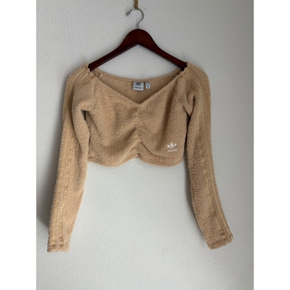 adidas Tops - Adidas Originals Women Beige Teddy Fleece Ruched Cropped Long Sleeve Top Small